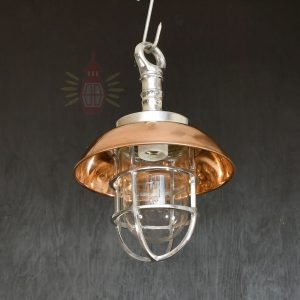 Authentic Vintage Aluminium Nautical Pendant Light with Copper Shade