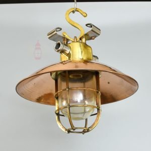 Authentic Brass Cargo Light with Copper Shade – Vintage 3-Angle Nautical