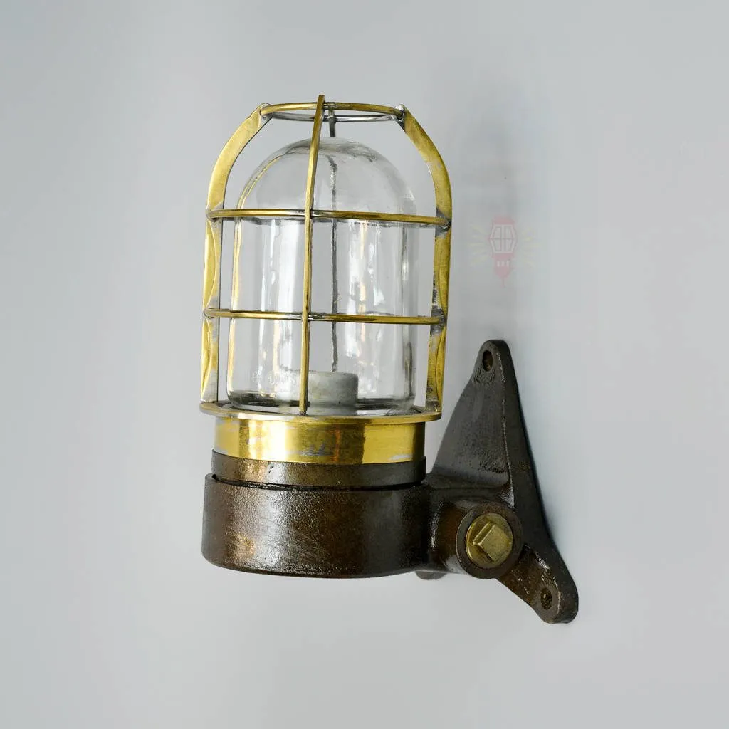 - SL 11857 1 rotated Authentic Vintage Iron Brass Cage Bulkhead Light – Angled Nautical Salvage