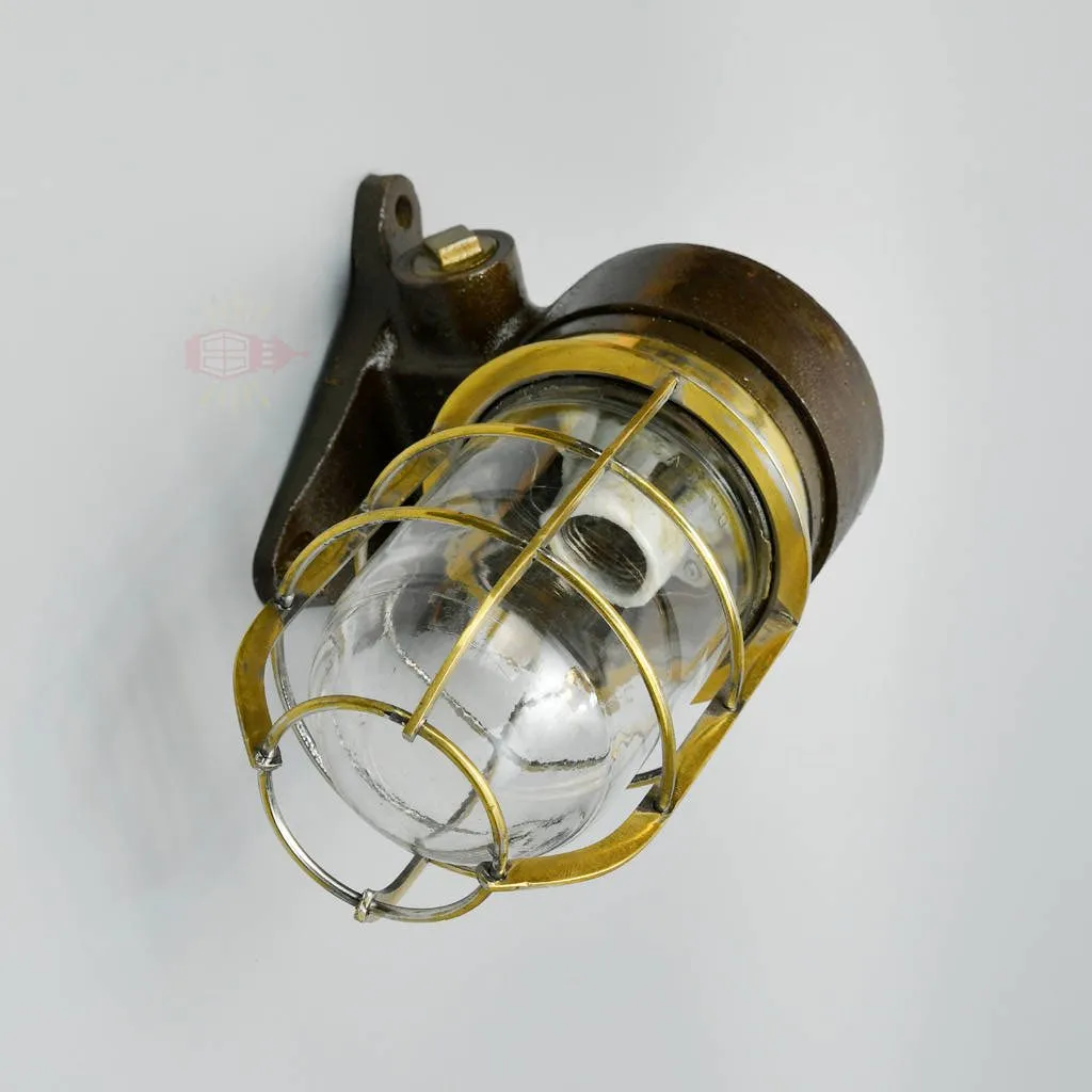 - SL 11857 3 rotated Authentic Vintage Iron Brass Cage Bulkhead Light – Angled Nautical Salvage