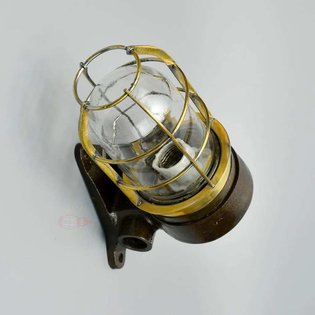 - SL 11857 4 rotated Authentic Vintage Iron Brass Cage Bulkhead Light – Angled Nautical Salvage