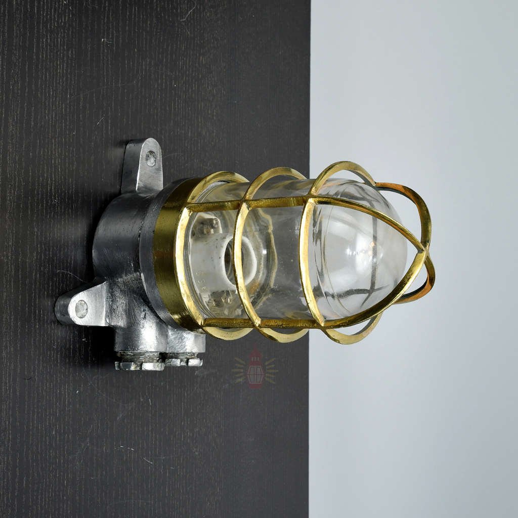 - SL 13066 Vintage polished aluminium wall lamp with brass cage for nautical UK homes
