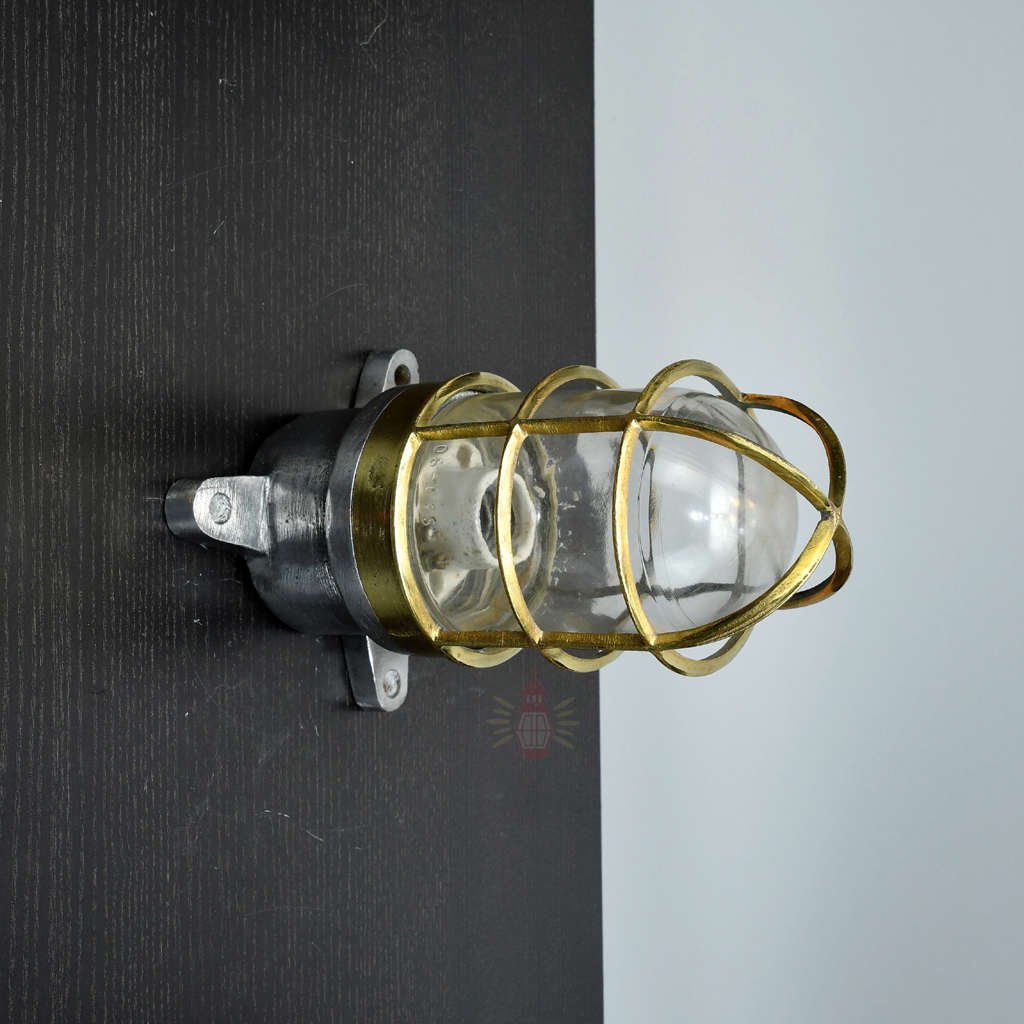 - SL 13066 1 Vintage Aluminium Wall Lamp Polish Brass Cage IP56 UK Ship Salvage 21cm