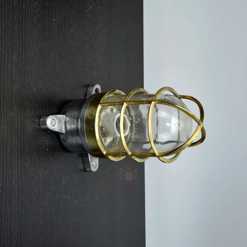 - SL 13066 1 Vintage Aluminium Wall Lamp Polish Brass Cage IP56 UK Ship Salvage 21cm