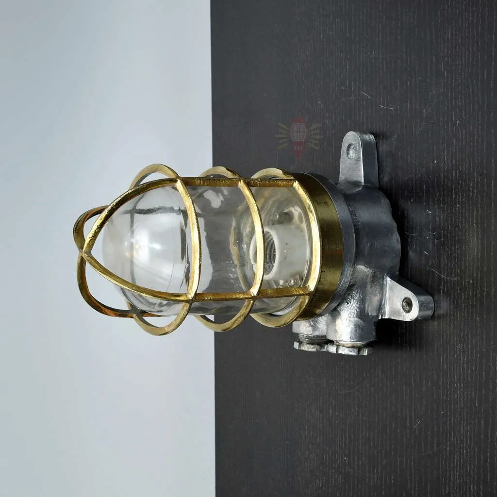 - SL 13066 3 rotated Vintage Aluminium Wall Lamp Polish Brass Cage IP56 UK Ship Salvage 21cm