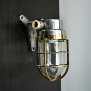 Vintage Brass Caged Post Light with Aluminium Mount – Nautical Passageway Sconce