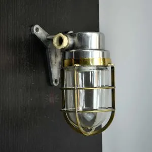 Vintage Brass Caged Post Light with Aluminium Mount – Nautical Passageway Sconce