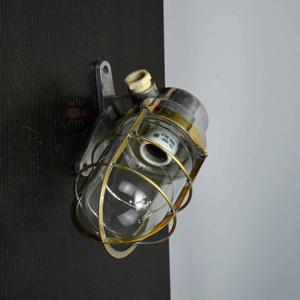 - SL 382 2 rotated Vintage Brass Caged Post Light with Aluminium Mount – Nautical Passageway Sconce