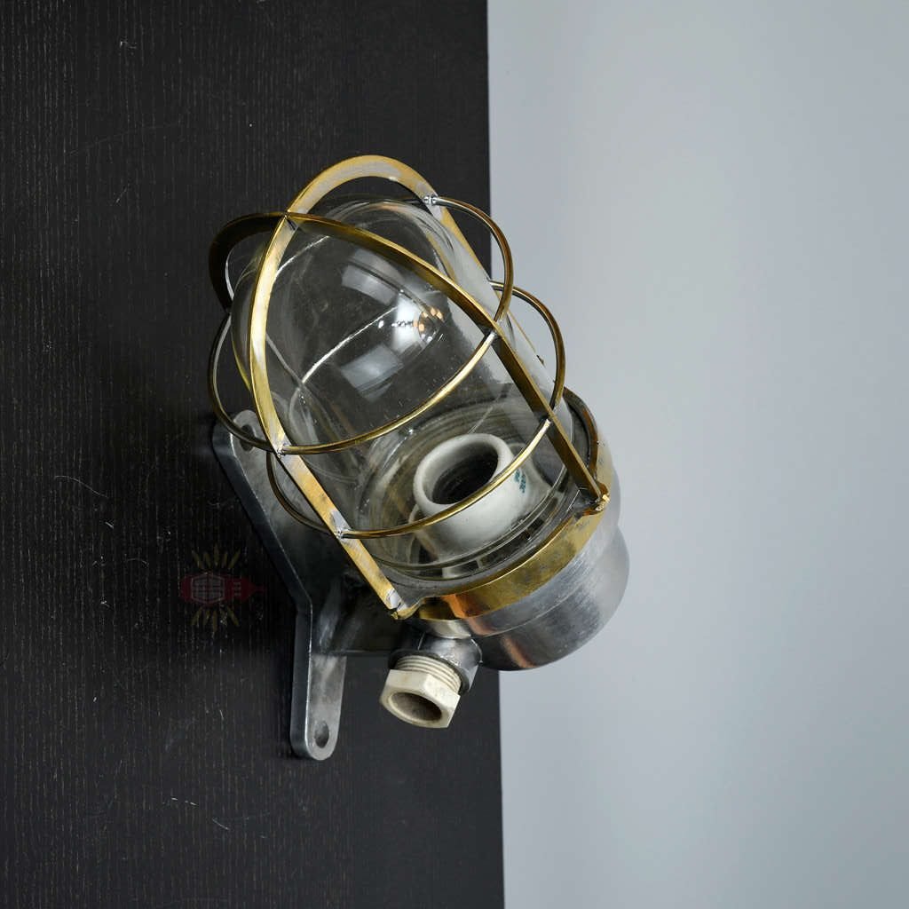 - SL 382 3 rotated Vintage Brass Caged Post Light with Aluminium Mount – Nautical Passageway Sconce