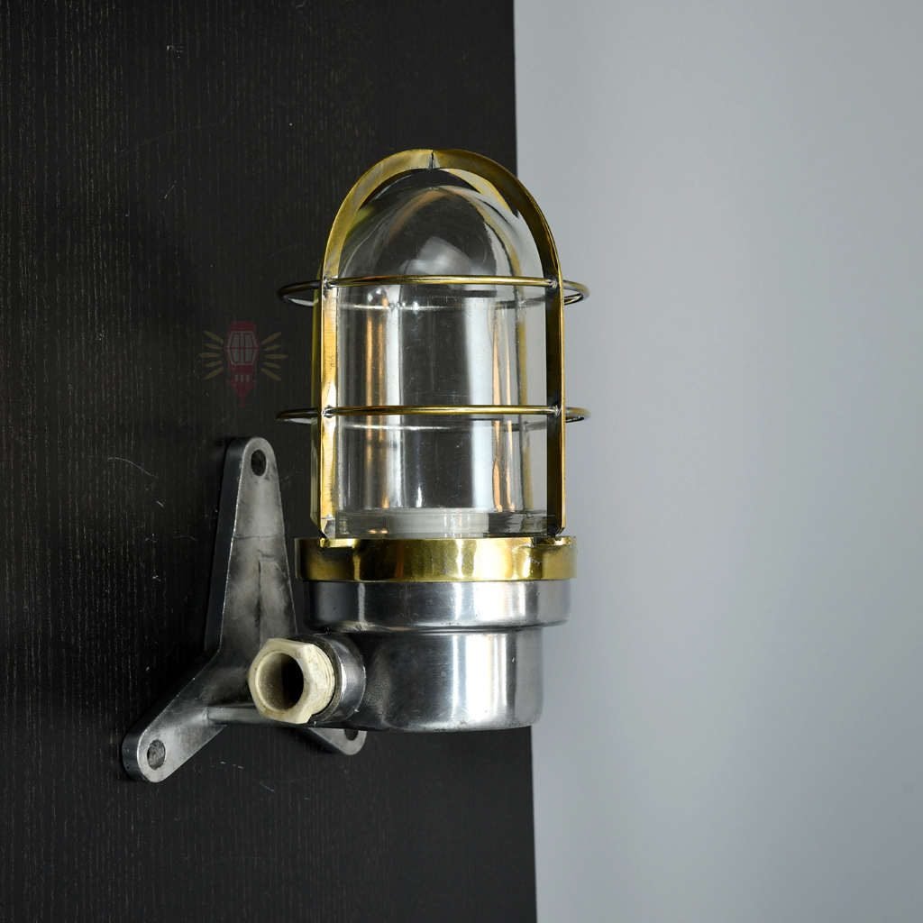 - SL 382 5 rotated Vintage Brass Caged Post Light with Aluminium Mount – Nautical Passageway Sconce