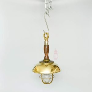 Authentic Vintage Wooden Pendant Light with Brass Shade – Nautical Salvage