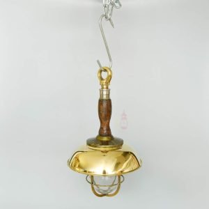 Authentic Vintage Wooden Pendant Light with Brass Shade – Nautical Salvage