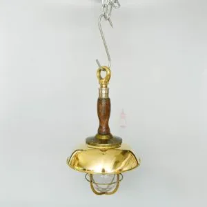 Authentic Vintage Wooden Pendant Light with Brass Shade – Nautical Salvage