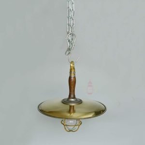 Authentic Vintage Brass Pendant with Wood Shade – Large Nautical Salvage