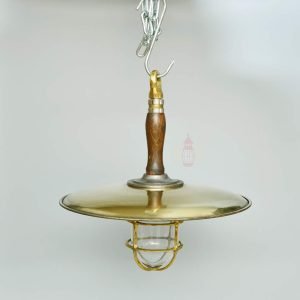 Authentic Vintage Brass Pendant with Wood Shade – Large Nautical Salvage