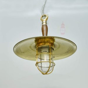 Authentic Vintage Brass Pendant with Wood Shade – Large Nautical Salvage