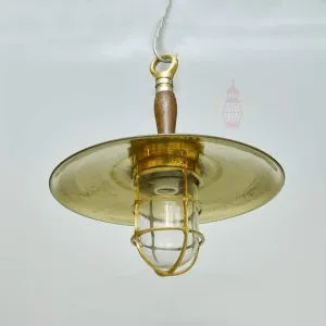 - SL 11854 3 Authentic Vintage Brass Pendant with Wood Shade – Large Nautical Salvage